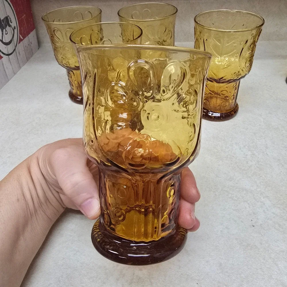 Vintage Amber Glass Tumblers Set of 5 Embossed Floral Footed Mid Century Glasses